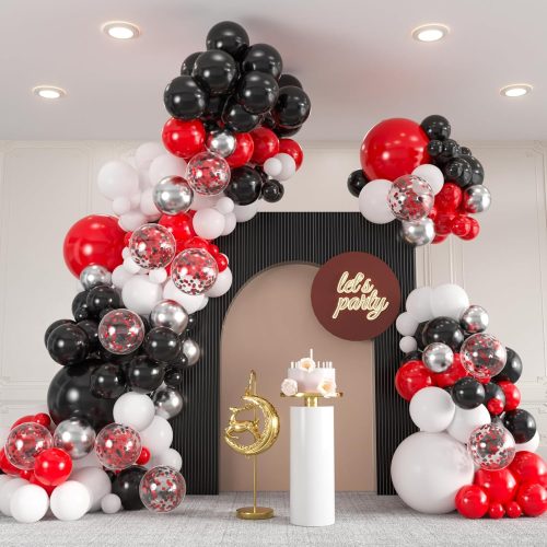 1 136pcs Red and Black Balloons Arch kit, 18 12 10 5 Inch Red and White Silver Confetti Balloons 2025 Graduation, Birthday Decorations, Baby Shower, Casino, Race Car, Mother’s Day Party