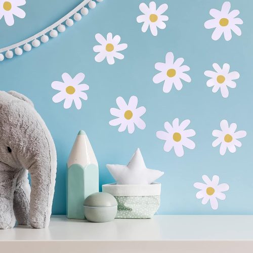 1 36PCS Retro White Daisy Flower Wall Stickers, Waterproof & Reusable Vinyl Wall Floral Decals for Kids Nursery, Bedroom, Classroom, Office Decor