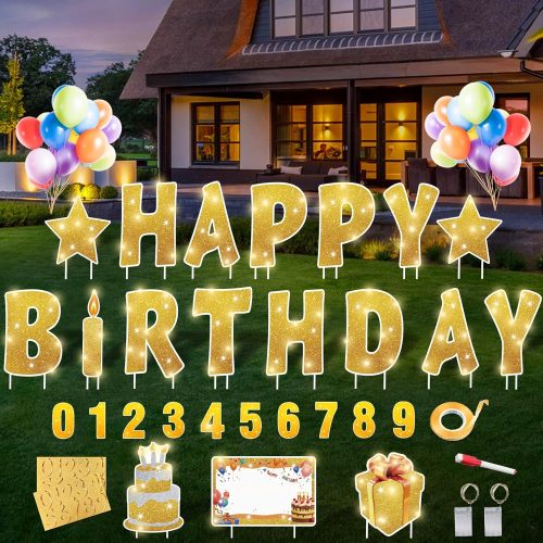 1 18 Pcs Happy Birthday Yard Sign with 32.8 ft Led Light, 16” Large Size Happy Birthday Yard Sign with Stakes, Weatherproof Personalized Birthday Yard Signs, Outdoor Lawn Garden Party Decoration(Gold)