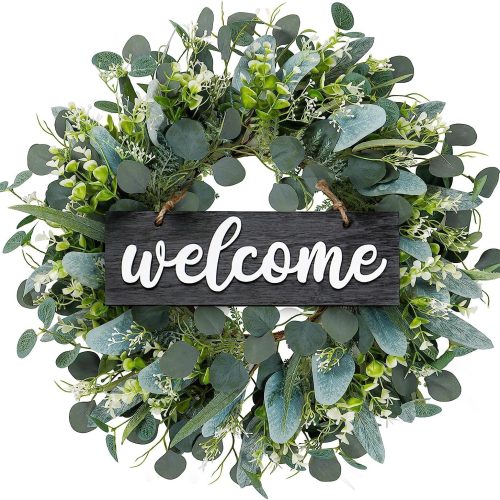 1 Green Eucalyptus Wreath with Welcome Sign 22in Spring Summer Artificial Eucalyptus Wreath for Front Door, Wall, Window, Festival, Farmhouse, Patio, Garden Decor