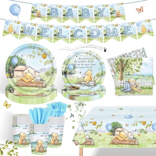 1 122PCS Classic Bear Baby Shower Party Supplies for Baby Boys Kids 1st First Birthday Blue Neutral Winnie Bear Themed Tableware Set Plates Napkins Cups Tablecloths Banners for 20 Guests
