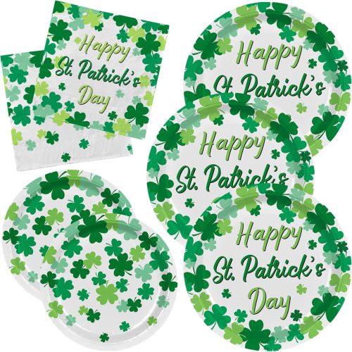 1 Irish Shamrock Themed Tableware Set, Paper Plates & Napkins for 50, St. Patrick's Day Party Decorations, Disposable, Green, Decorative Plates, Pack