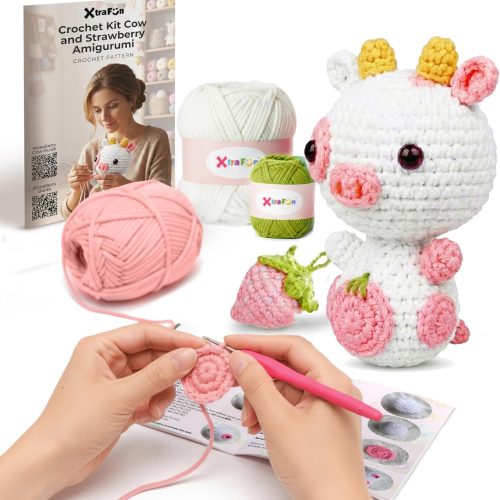 1 Amigurumi Crochet Kit for Beginners - Mindfulness DIY Crochet Starter Kit for Adults & Seniors Create Decorative Strawberry Cow Fiber Art Figure Includes Step-by-Step Video Tutorials & Ergonomic Hooks