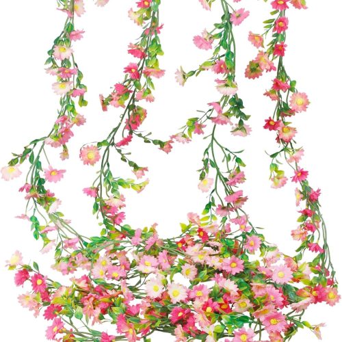 1 4 Pcs Artificial Daisy Flowers Vine Silk Flower Garland Spring Fake Flower Vine Hanging Ivy with Pink Daisy Flowers Green Leaves for Wall Party Wedding Arch Floral Decor Home Indoor Outdoor