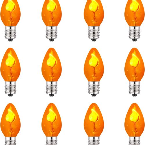 1 Christmas Flickering Flame Light Bulbs, C7 Orange Flicker Light Bulbs E12 Base Bulb, Flame Light Bulb for Candle Chandelier Nightlight String Lights Christmas Halloween Decor, 1 Watt, 12 Pack