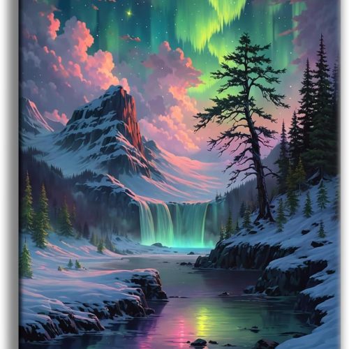 1 Aurora Diamond Art Kits for Adults, 5D Snowy Mountains Lake Diamond Painting Kits for Beginners, Fantastic Landscapes DIY Full Drill Dots Gem Art Paint for Home Wall Decor 12 x 16 Inch