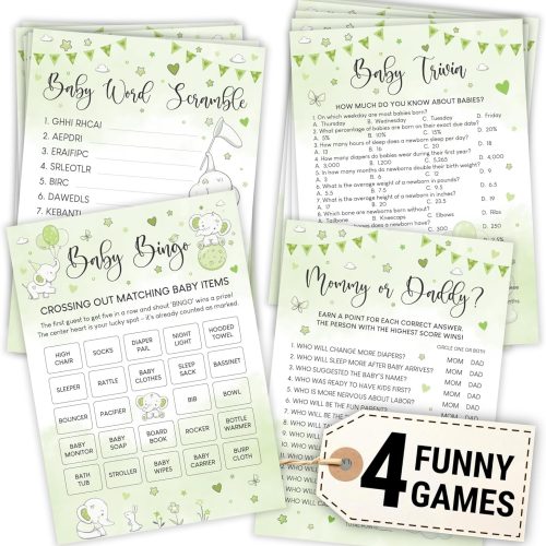 Elephant Baby Shower Games for Boy Girl - Set Of 4 Funny Baby Games For Baby Shower Party, Baby Shower Bingo Cards, Baby Word Scramble Mommy Or Daddy Game Green Baby Shower Decorations