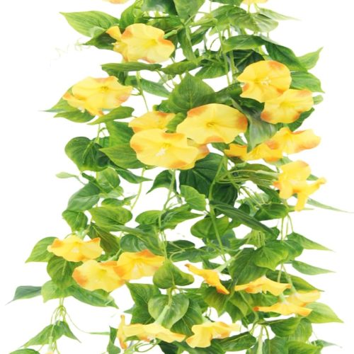 1 Artificial Vines 15Feet Silk Flower Garland for Outdoors Yellow Morning Glory Vine Artificial Flowers Hanging Plants Garland Fake Green Plant 2Pcs for Wall Fence Indoor Wedding Banquet Decor