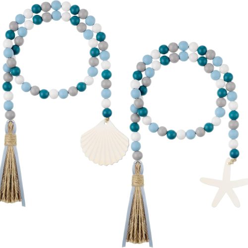 1 2 Pcs Farmhouse Seashell Bead Garland with Tassels Decorative Beads Decor Nautical Farmhouse Tiered Tray Decorations Set Coastal Garland for Home and Kitchen, Wooden Beads