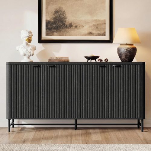 1 65" Large Sideboard Buffet Cabinet with Storage,Modern Fluted Credenza with Doors & Adjustable Shelves,Accent Coffee Bar/TV Console for Dining Room & Living Room,Black Gray