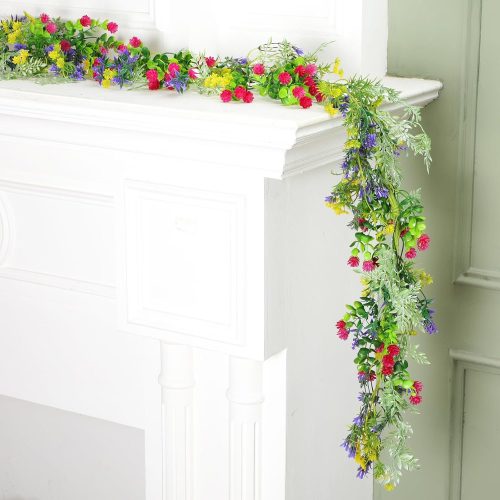 1 2 Pcs 6 ft Spring/Summer Wildflower Garland Artificial Greenery Flower Garland with Daisy and Lavender Fake Floral Vine for Birthday Party Wedding Mantle Porch Staircase Home Table Centerpiece Decor