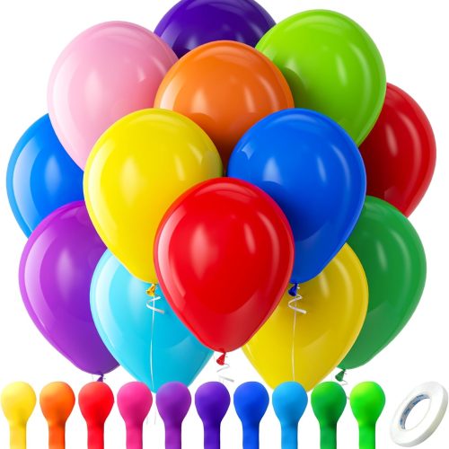 1 Assorted Rainbow Latex Balloons, 100 Pack 12 inch Round Helium Bright Color Balloons for Birthday Bridal Shower Wedding Party Decorations