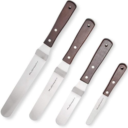 1 Offset Cake Icing Spatula Set of 4- Professional Stainless Steel Cake Decorating Frosting Spatulas, 4"-6"-8"-10" Flexible Resistant Blade, Wooden Handle For Easy Grip