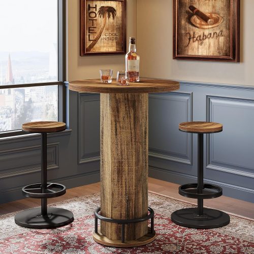 1 Round Bar Table with Chairs, Industrial Bistro Sets with 2 barstools, Pub Cocktail Table with Metal Ring Footrest for Kitchen Nook, Apartment, Small Space