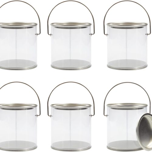 1 Cornucopia Brands Mini Clear Plastic Paint Cans (6-Pack), Little 3in Tall 1 Cup Miniature Arts, Crafts and Party Favor Cans; NOT for Liquids OR Heavy Objects