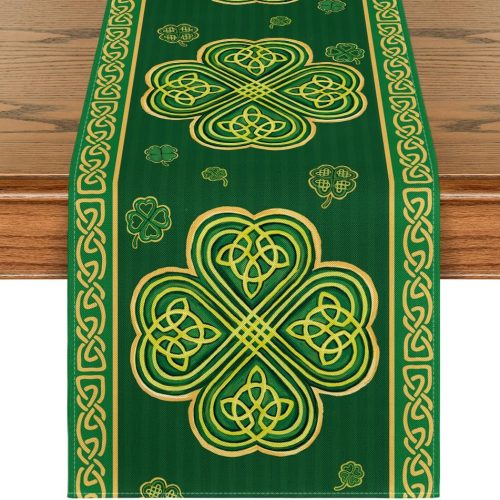 1 Artoid Mode Green Stripes Shamrocks 210 GSM St.Patrick's Day Table Runner, Seasonal Spring Kitchen Dining Table Runner for Home Party Decor 13x72 Inch