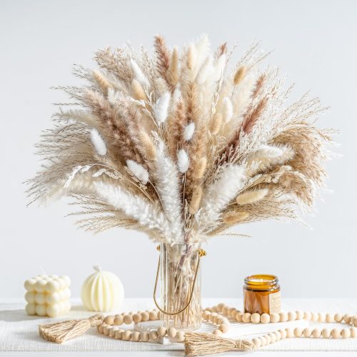 1 130PCS Natural Dried Pampas Grass Boho Home Decor Bouquet Phragmites Dried Flowers Bouquet for Wedding Floral Arrangements Home Decorations (130PCS)