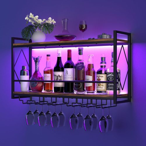 1 Wall Mounted Wine Rack with LED Light, 31.5" Bar Liquor Shelves with Glass Holder, Metal Hanging Bar Shelves Wine Storage Rack Display for Kitchen Home Bar Dining Room Living Room