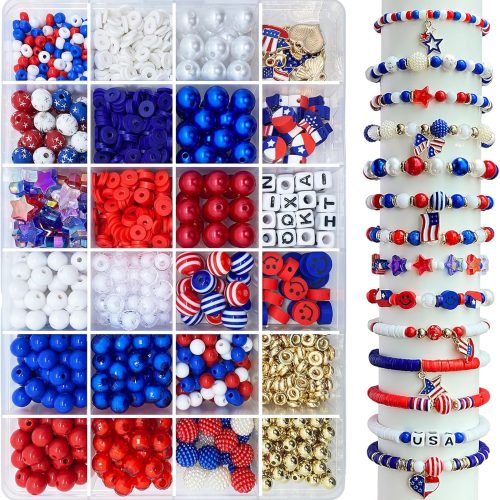 1 1461Pcs Red White Blue Beads for Bracelet Making Kit 4th of July Patriotic Beads for Jewelry Making Independence Day Clay Stars Acrylic Pearl Letter Bead with America Flag Heart Hat Pendant Charms