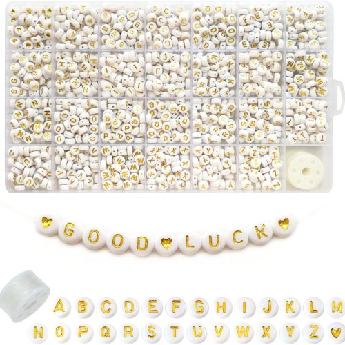 1 Looconi 1400pcs Letter Beads A-Z 4x7mm White On Gold Round Acrylic Alphabet Heart Beads and Beading Cord for Jewelry Making Bracelets Necklaces Key Chains