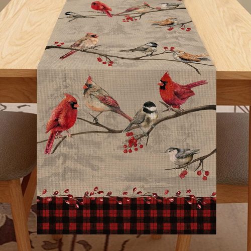 1 Seliem Vintage Bird Branch Table Runner, Winter Cardinal Chickadee Berry Scarf Home Kitchen Red Black Buffalo Plaid Check Decor, Christmas Farmhouse Burlap Dining Decoration Holiday Party Supply 13X72