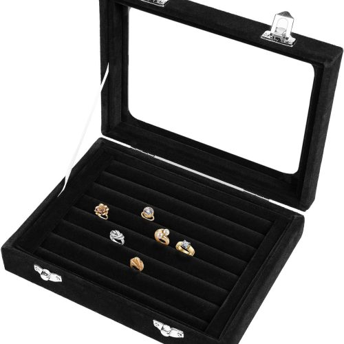 1 EONGOA Jewelry Box Rings Organizer Tray 7 Slots Velvet Jewelry Earring Storage Box With Transparent Lid Jewelry Display Case for Girls Women (Black)