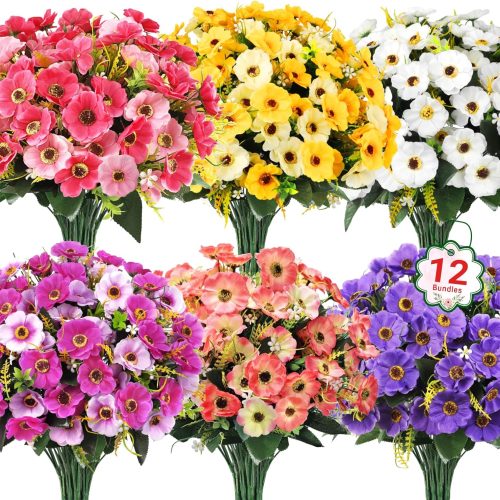 1 Ouddy Decor 12 Bundles Artificial Flowers for Outdoors Decoration, Fake Daisy Silk Flowers UV Resistant Artificial Plants for Spring Summer Garden Porch Window Box Room Home Decor, Mixed Color