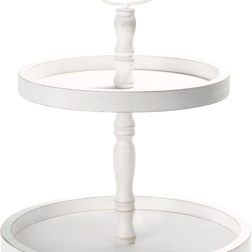 1 Wooden Two Tiered Tray Stand, Farmhouse Round 2 Tier Decorative Tray for Home Kitchen Table Decor, Serving Tray for Coffee Bar Party Weddding Holiday Decorations Fruits and Cupcake Display (White)