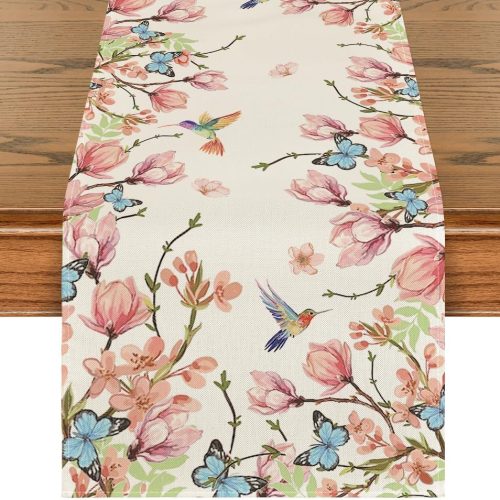 1 Artoid Mode Flowers Bird Butterfly Spring Table Runner, Seasonal Kitchen Dining Table Decoration for Home Party Decor 13x72 Inch