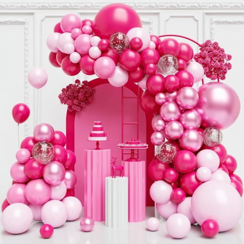 1 Pink Balloons Arch Kit Garland, 120Pcs Hot and Light Pink Latex Balloons Different Size, Metallic Pink Balloon for Girls Women Baby Shower Wedding Birthday Party