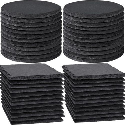 1 MAPRIAL 36 PCS Slate Coasters Bulk for Drinks, 4 Inch 18 PCS Natural Handmade Black Stone Square, 18 PCS Round Coasters for Laser Engraving, Gifts, Halloween Christmas, Home Decor