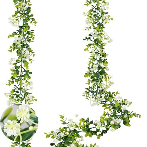 1 6FT Eucalyptus Garland with Flowers, 2 Pack Artificial Greenery Garland Hanging Spring Eucalyptus Garland Suitable for Table Wedding Backdrop Arch Wall Party UV Protected Indoor Outdoor Decor