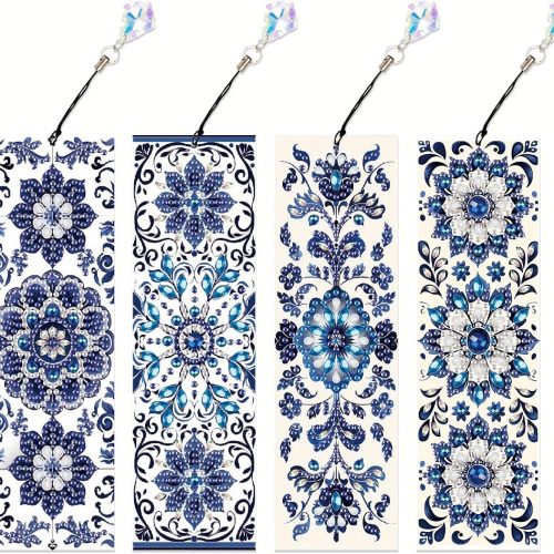 1 4pcs Diamond Art Bookmark Set - Blue and White Porcelain Pattern, Crystal Water Diamond Art Gift with Diamond Pendant, Suitable for Office, School Reading Enthusiasts, DIY Crafts Gifts, Birthday Gifts