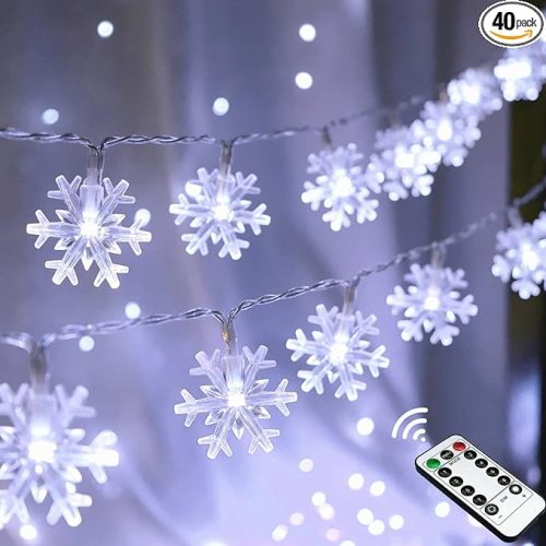 1 Christmas Snowflake String Lights, 20 FT 40 LED Battery Operated Fairy Lights with Remote, 8 Modes Timer Hanging Decor for Bedroom Patio Party Wall Indoor Outdoor Xmas Tree Decorations Cool White