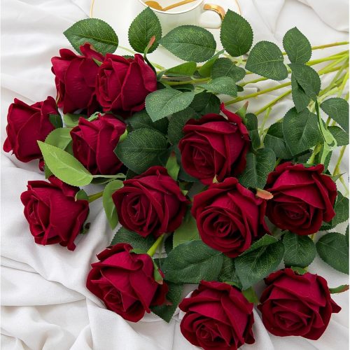 1 12PCS Artificial Flowers Fake Roses, Realistic Velvet Long Stem Red Roses Bouquet for Wedding Centerpiece Home Decor Party & Valentines (Wine)