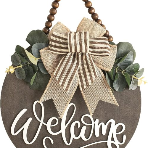 1 Welcome Sign for Front Door Wreath Decorations for All Seasons Front Porch Decor Hanging Gift for Farmhuose Home Outdoor Indoor(Welcome)