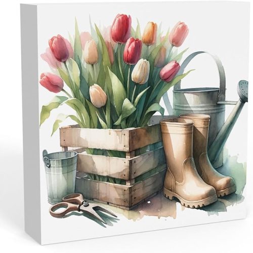 1 Rustic Farmhouse Spring Home Office Desk Decor Country Decor Tulips Sign Cubicle Shelf Tabletop Tiered Tray Decor Gardening Gift for Women Her 5 X 5 Inch