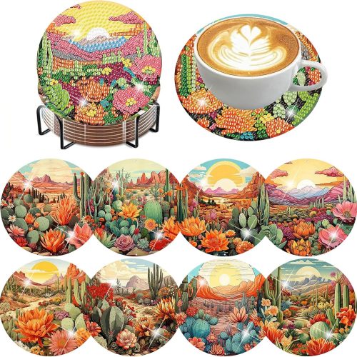1 Diamond Art Coasters Kit, 8PCS DIY Diamond Painting Coasters kit for Adults with Holder Cork Pads, Cactus Style Coaster Craft Kit for Home Decor & Gift 4x4in