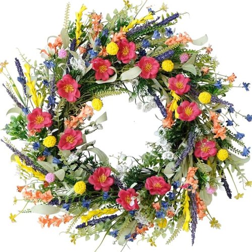 1 22'' Wildflower Wreath Spring and Summer Artificial Flower and Lavender Wreath for Front Door Home Wall Wedding Holiday Farmhouse Holiday Decoration