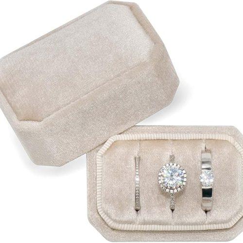 1 Octagonal Rectangle Velvet Ring Box 3 Slots - Premium Handmade Wedding Three Rings Bearer Holder Vintage Orthogon Jewelry Storage for Ceremony Proposal Engagement (Beige)