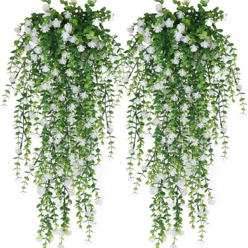 1 Artificial Hanging Flowers for Outdoor Indoor Decor, 6 Packs Fake Eucalyptus Vine Faux Flower Greenery Garland Plastic Plants Outside Wall Garden Wedding Home Party Decor (White)