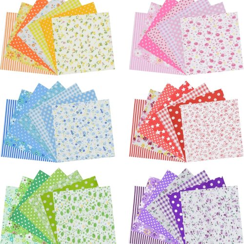 1 42Pcs 9.8"x 9.8" Fabric Square Quilting Cotton Pre-Cut Bundles Floral Grid Stripe Dot Multicolor Design for Patchwork DIY Sewing Craft Decorating Scrapbook, 6 Color Series