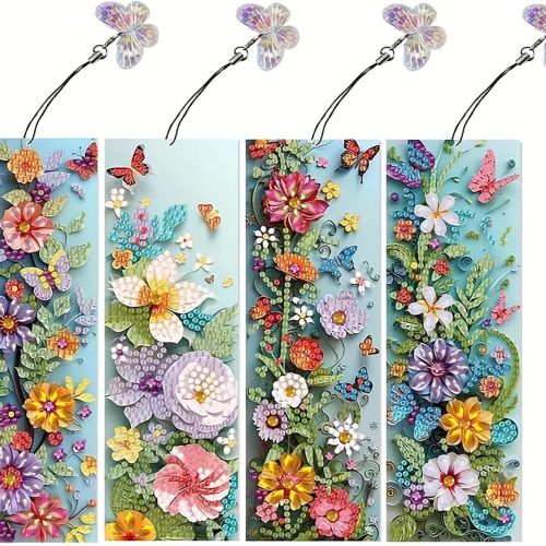 1 4pcs Diamond Art Bookmarks,Diamond Painting Bookmark Kits for Adult,DIY Gem Art Small Crafts with Rhinestone Tassel,Paint by Diamonds for Graduation Birthday Reader Gifts (Flower)