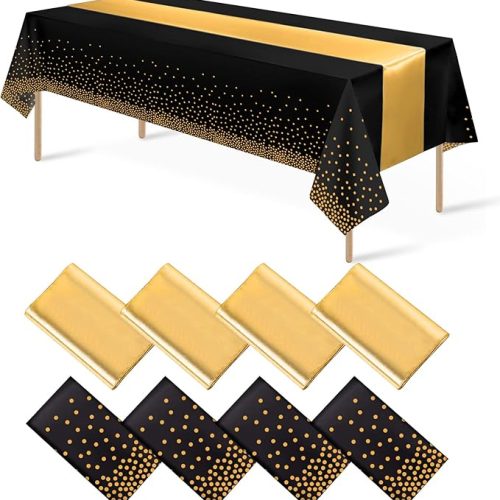 8Pack Disposable Plastic Tablecloths and Satin Table Runner Set Black Gold Dot Table Cloth Gold Satin Table Runner for Graduation Wedding Birthday Baby Shower Anniversary Holiday Party Decorations