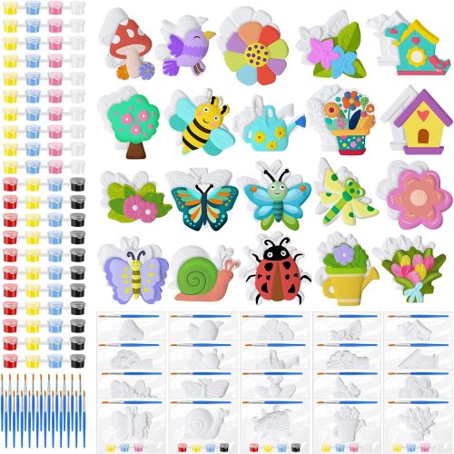 1 20 Set Spring DIY Painting Kit Ceramic to Paint Your Own Flowers Bee Snail Bird Butterfly Statues Unpainted Plaster Figurines Brushes Acrylic Paints Bags Party Favor for Adults