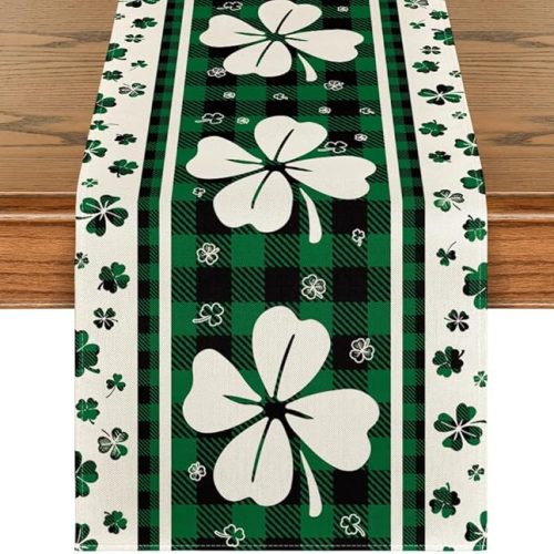 Green Clover Buffalo Plaid Shamrocks St.Patrick's Day Table Runner, Seasonal Kitchen Dining Table Decoration for Indoor Home Party 13x72 Inch
