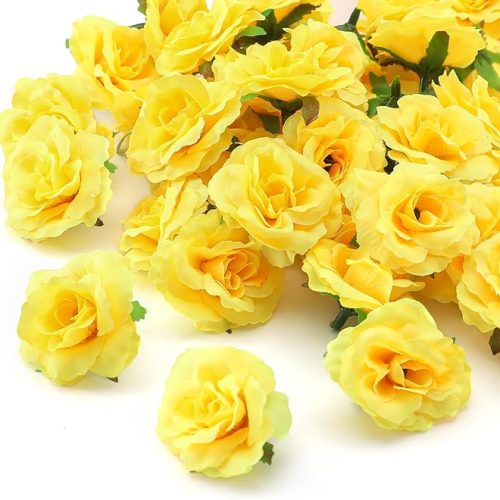 100 Pcs Mini Yellow Roses Artificial Flowers Bulk, 1.9" Small Silk Fake Roses Flower Heads for Decoration, Wedding Centerpieces Bridal Shower Party Home Decor,DIY Crafts(Yellow)