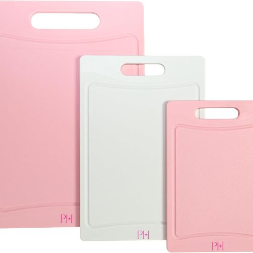 1 Cutting Boards, Dual-Sided Cutting Board Set with Built-in Juice Grooves, Easy-Grip Handles, Heavy-Duty Plastic Made without BPA, Dishwasher Safe, 3-Piece Set, Pink and Cream