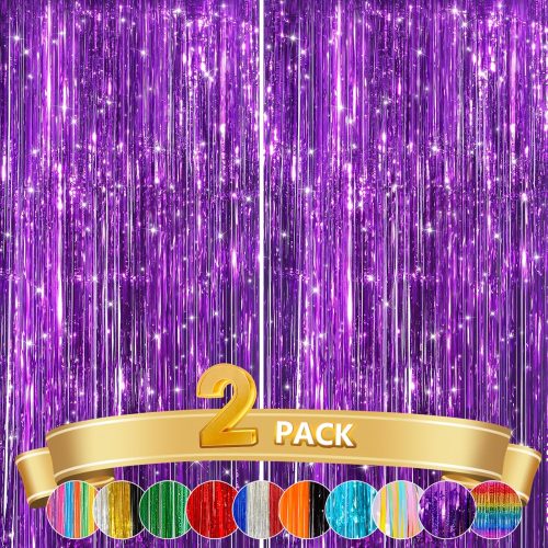 1 2 Pack Purple Metallic Tinsel Foil Fringe Curtains, Door Streamers Photo Booth Backdrop for Birthday Party, Tinsel Curtain Backdrop for Baby Shower Bachelorette Christmas Party Decorations