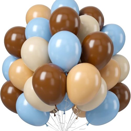 Blue and Brown Balloons, 60 PCS Pastel Macaron Blue White Sand Nude Brown Latex Balloons Set, Light Baby Blue Cream Beige Apricot Coffee Party Balloon for Teddy Bear Birthday Baby Shower Decorations